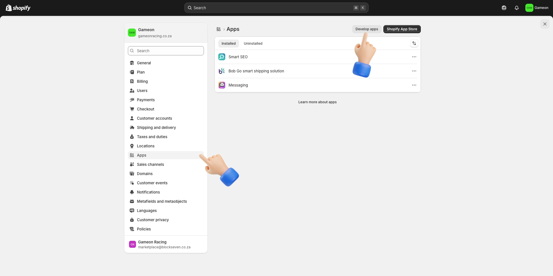 Shopify Admin - Settings - Apps - Develop apps
