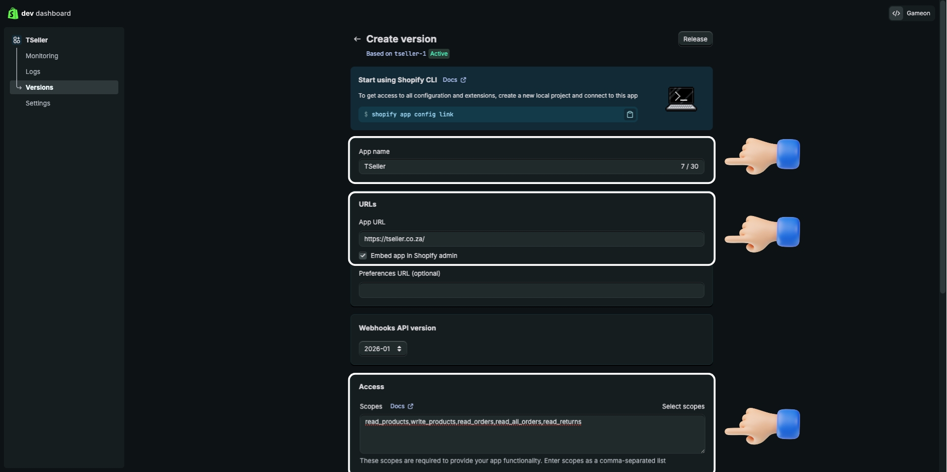 Configure app name, URL, and access scopes