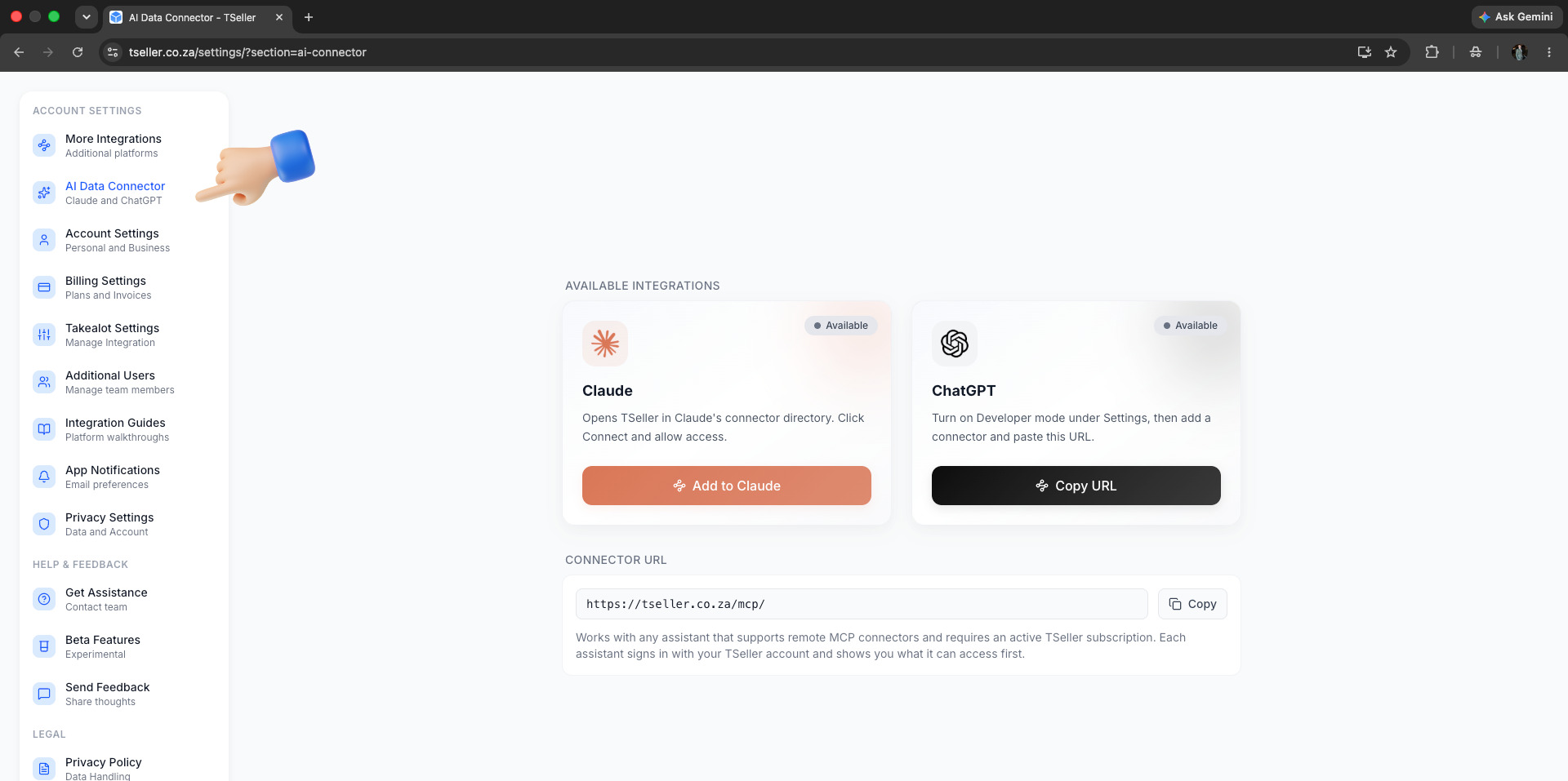TSeller Settings - AI Data Connector page with Claude and ChatGPT cards