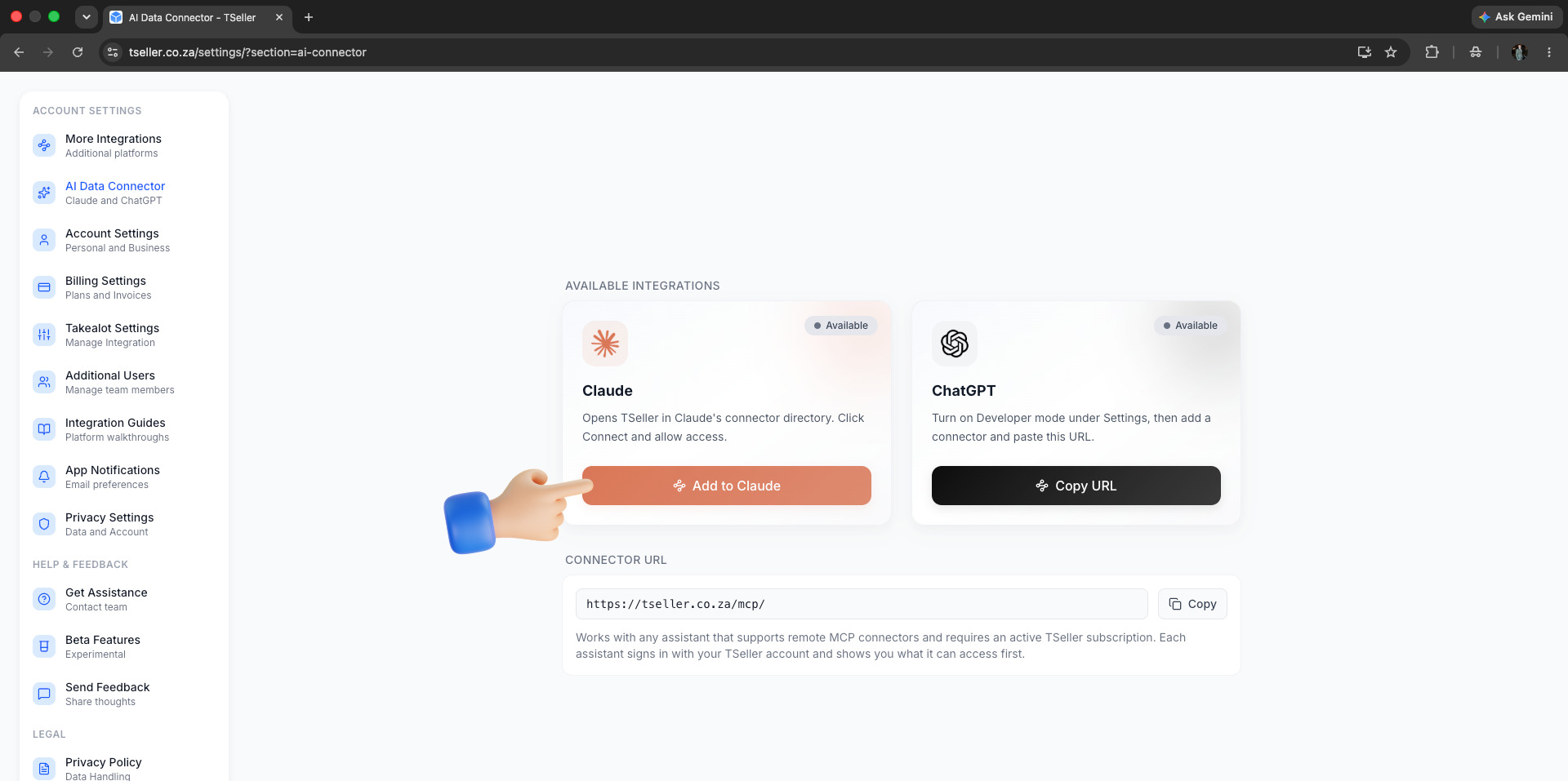 TSeller AI Data Connector - Click Add to Claude