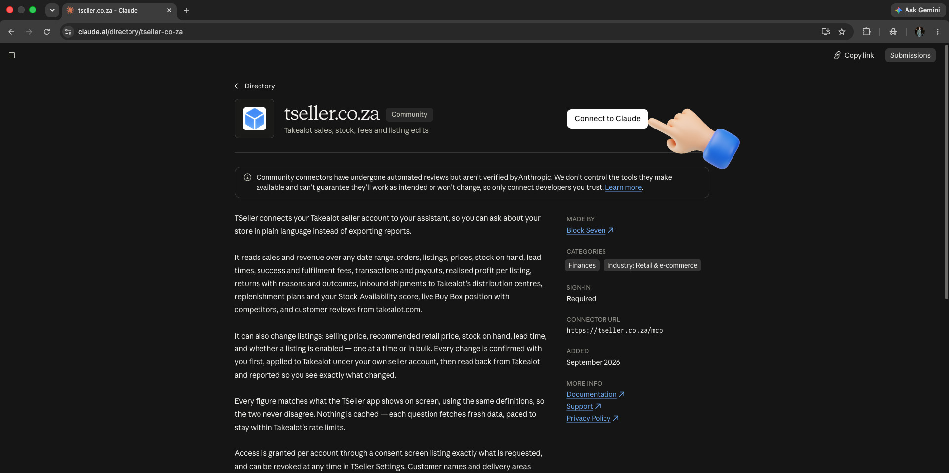 Claude connector directory - TSeller listing with Connect to Claude button
