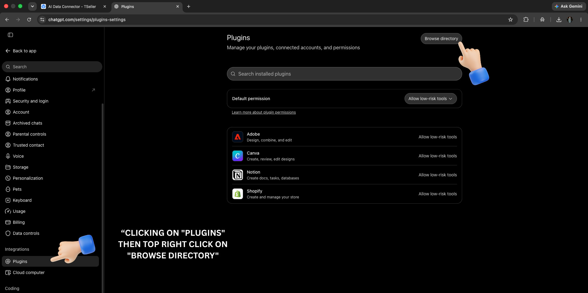 ChatGPT Settings - Plugins page with Browse directory button