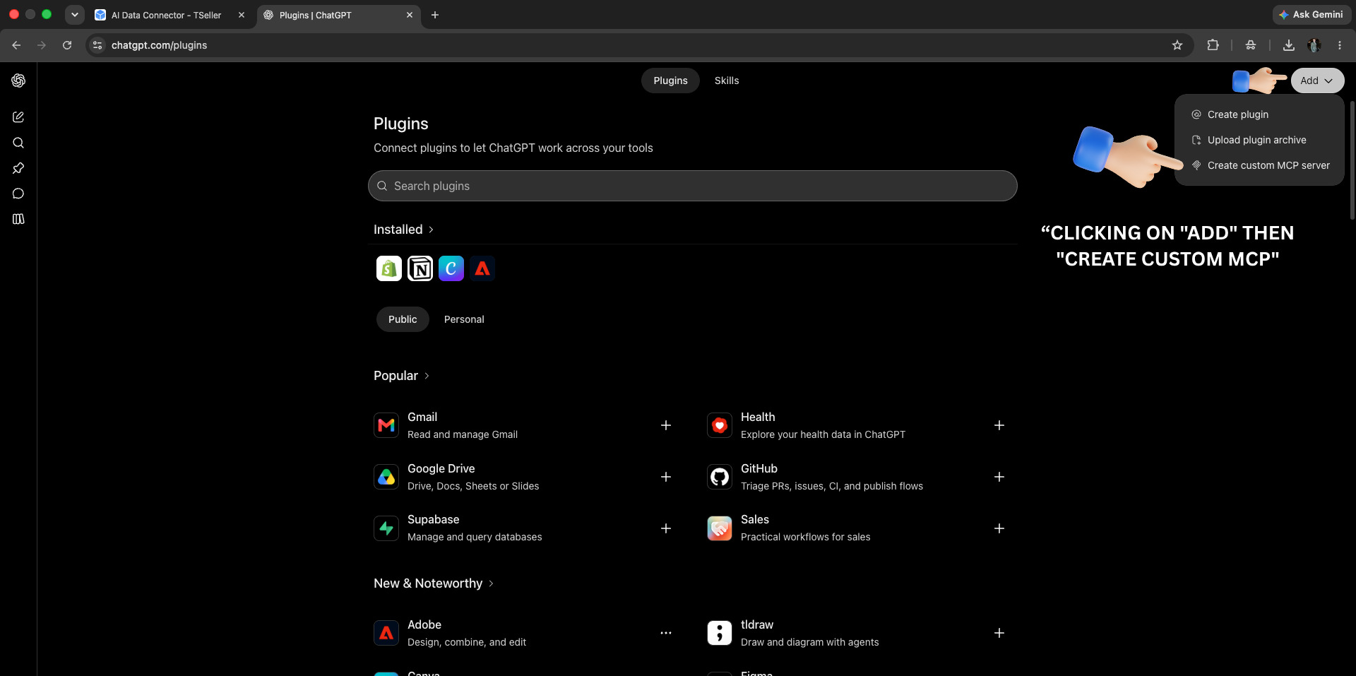 ChatGPT Plugins directory - Add menu with Create custom MCP server