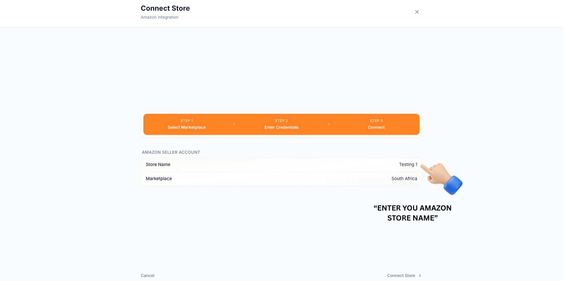 TSeller Connect Store dialog - Enter Amazon store name