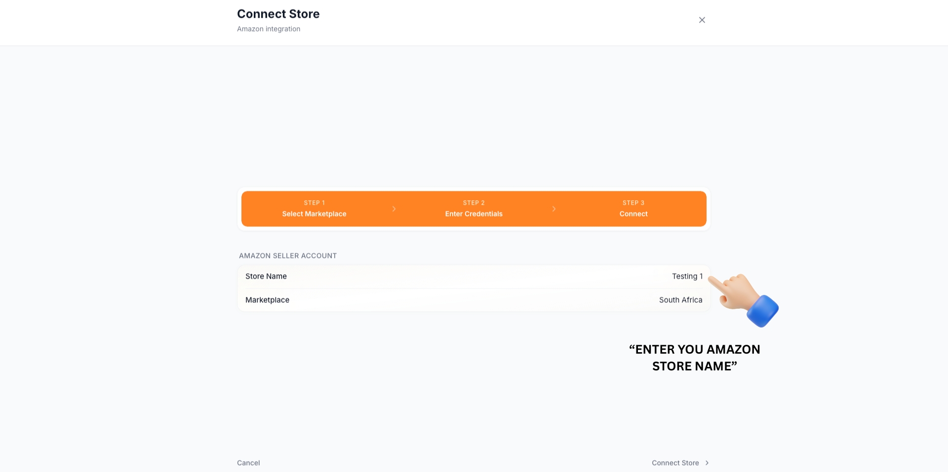 TSeller Connect Store dialog - Enter Amazon store name