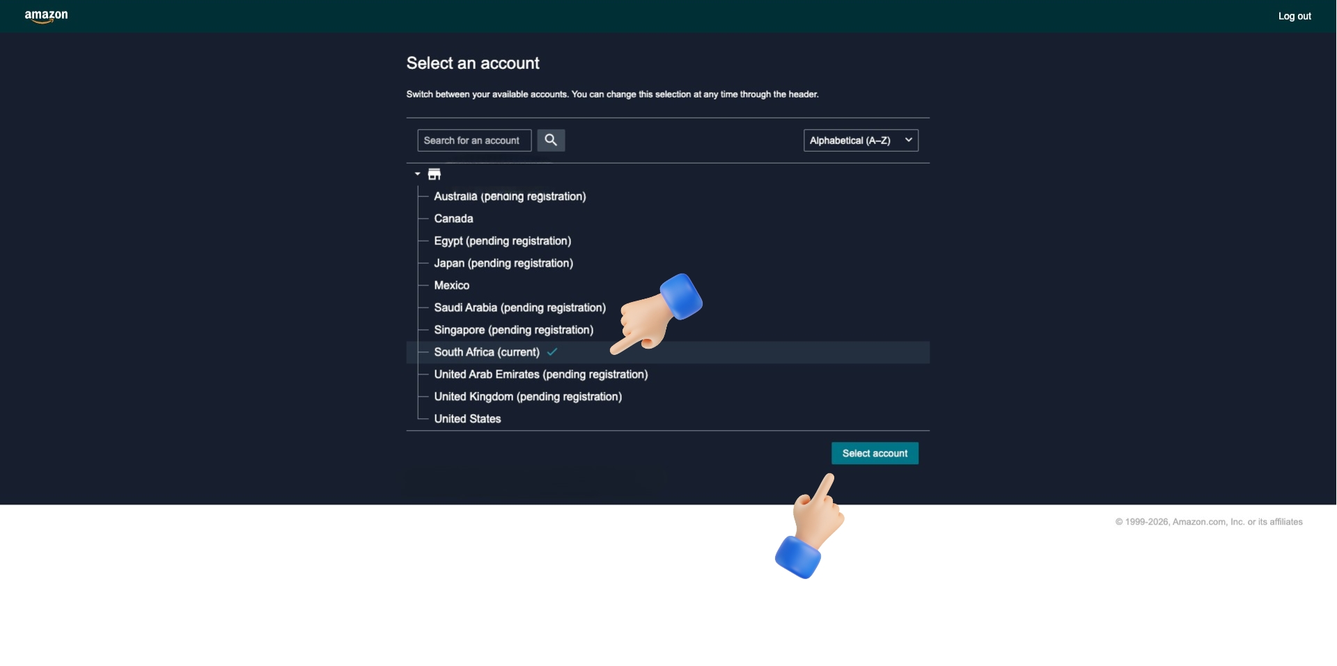 Amazon Select an account - Choose South Africa marketplace