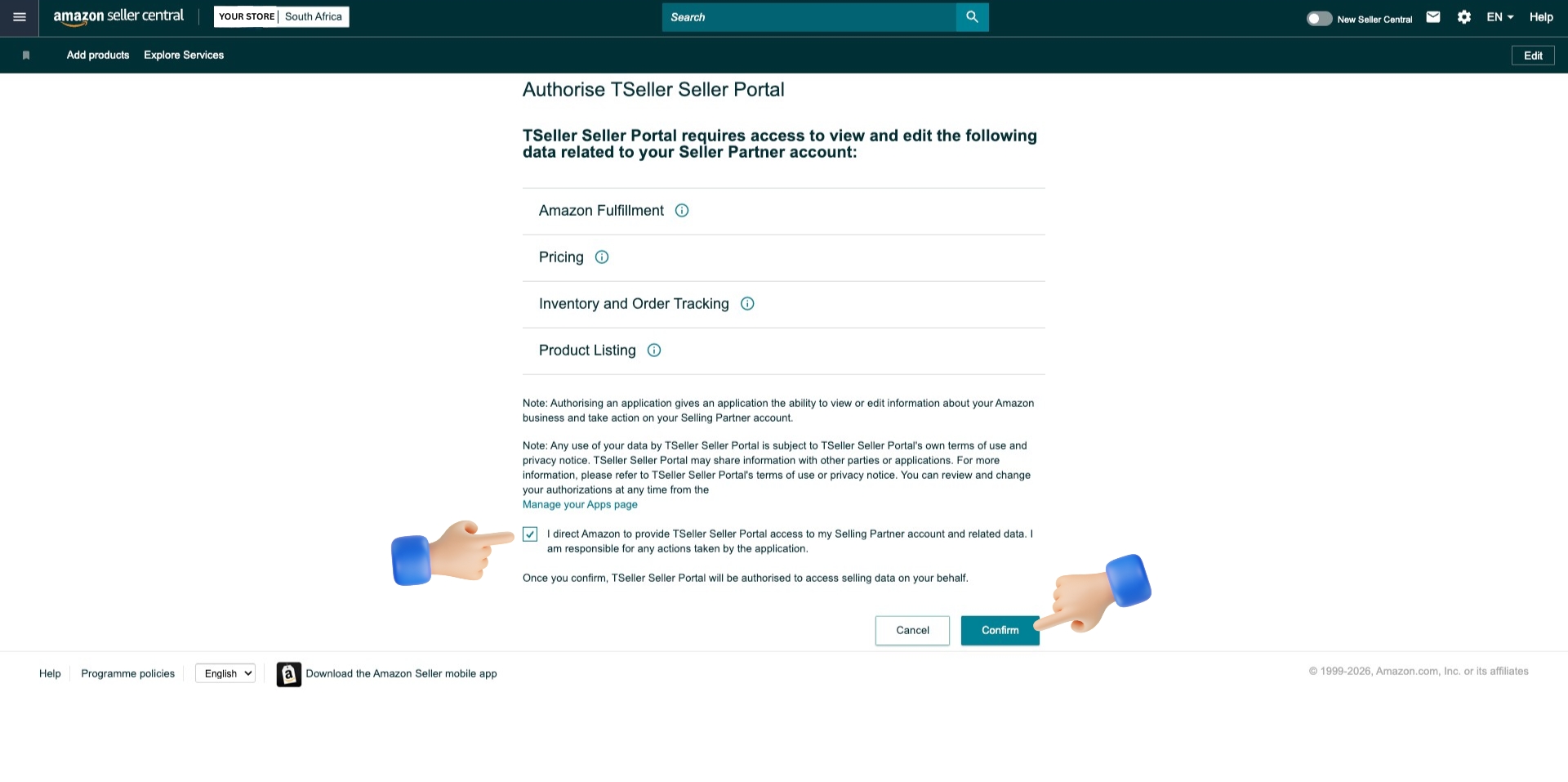 Amazon Seller Central - Authorise TSeller Seller Portal permissions