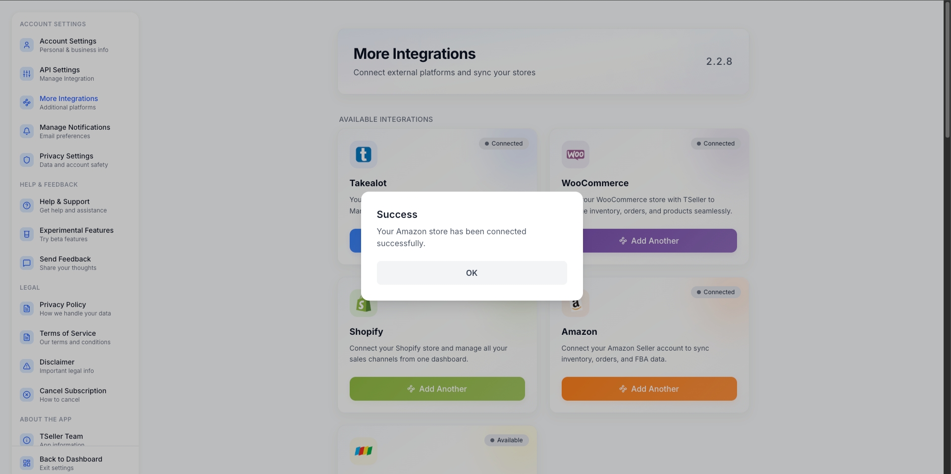 TSeller - Amazon store connected successfully confirmation