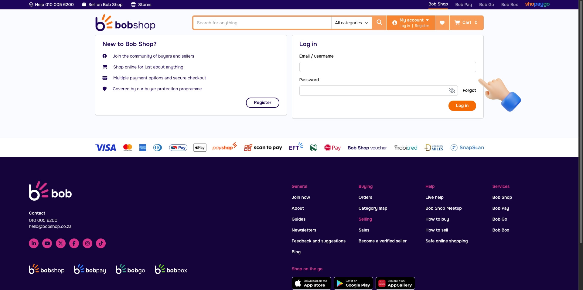 TSeller Bobshop connect modal — store name, email and password