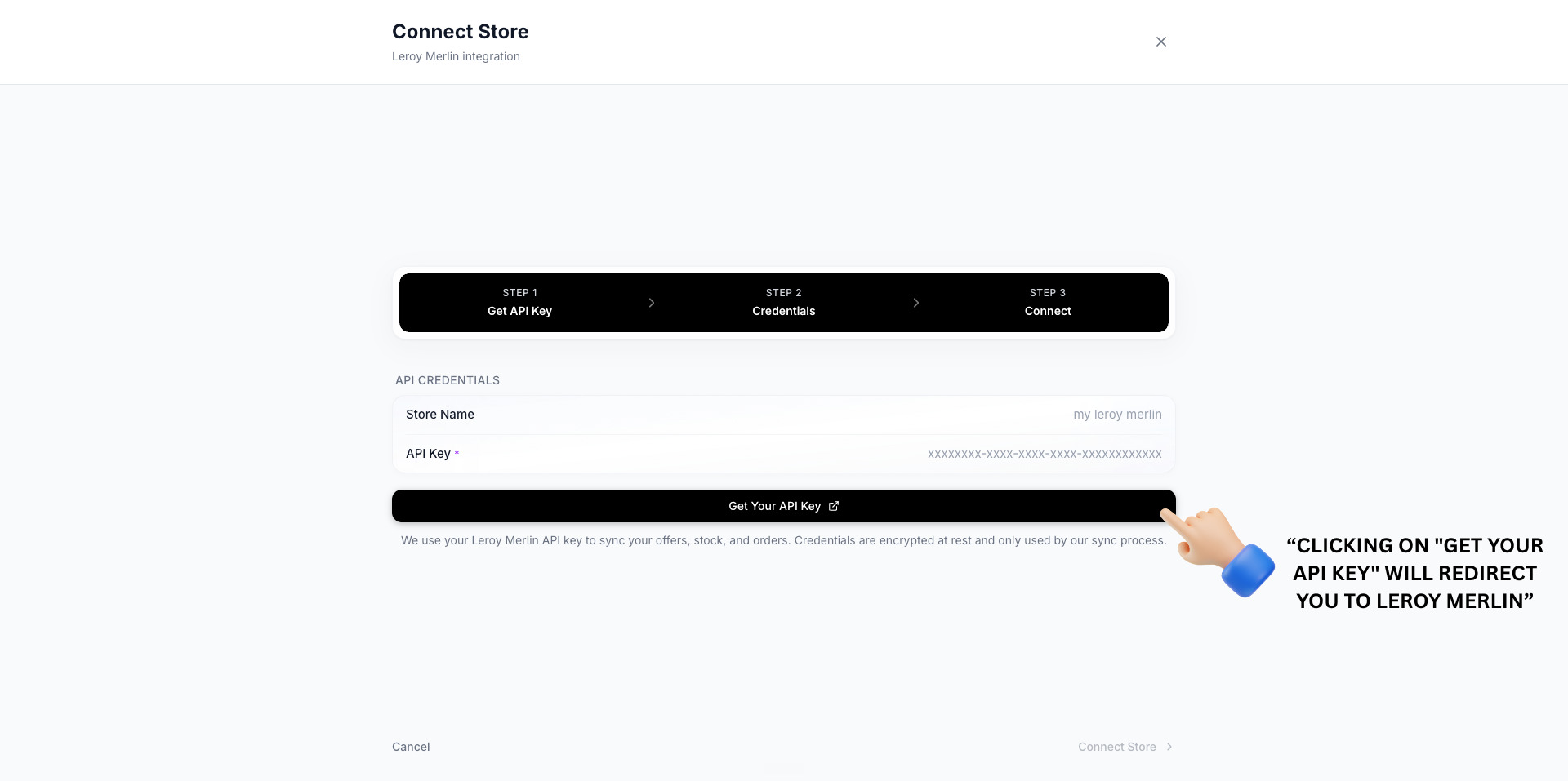 TSeller Leroy Merlin connect panel — click Get Your API Key