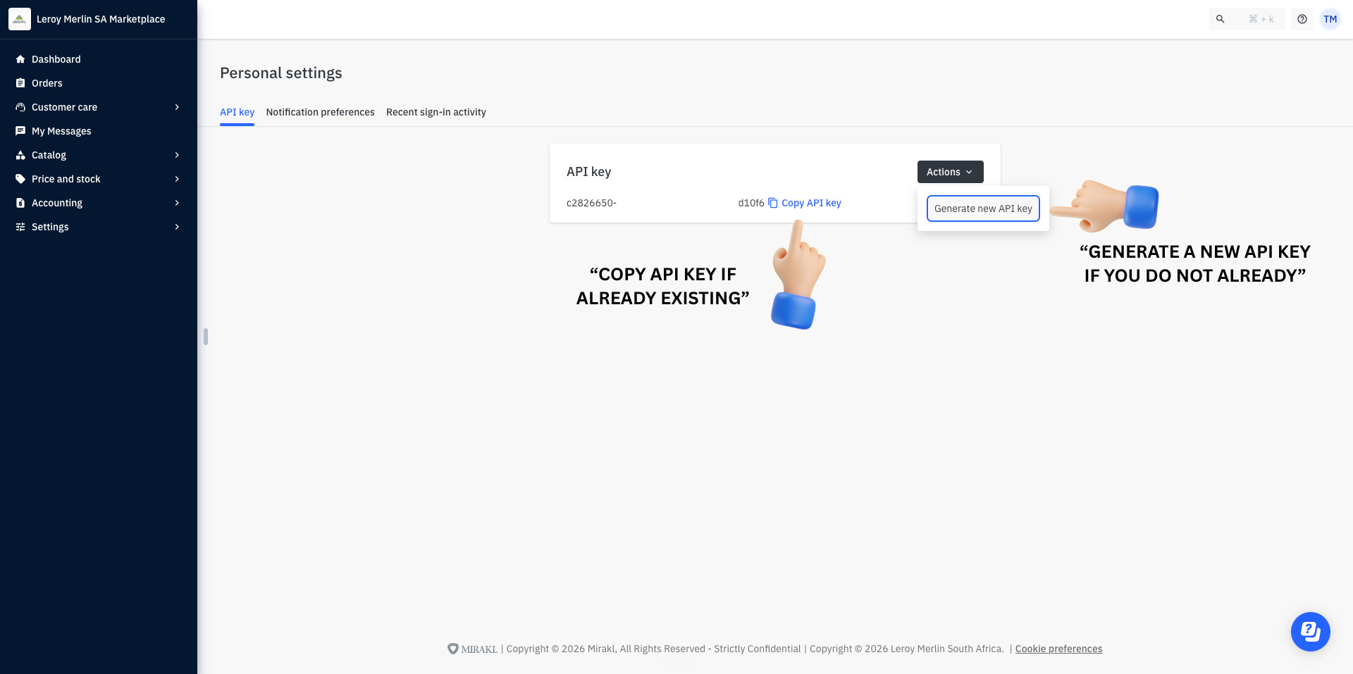 Leroy Merlin Personal settings — Copy API key or Generate new API key