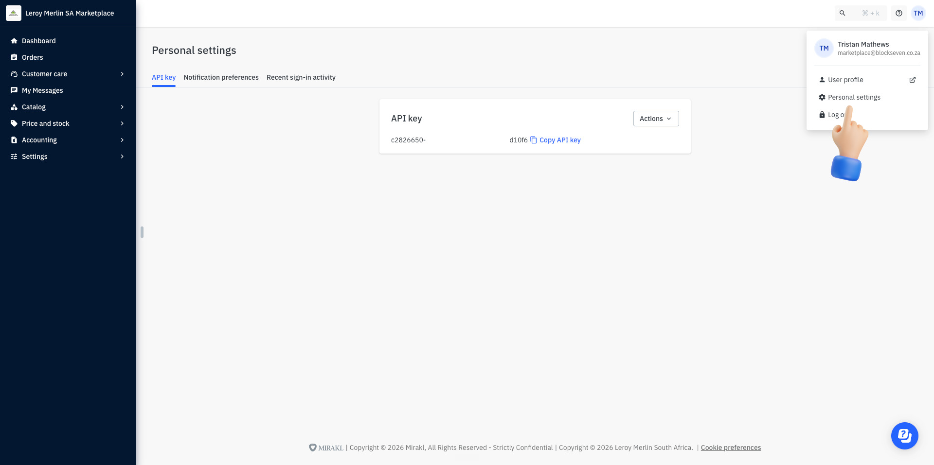 Leroy Merlin seller portal — account menu with Personal settings