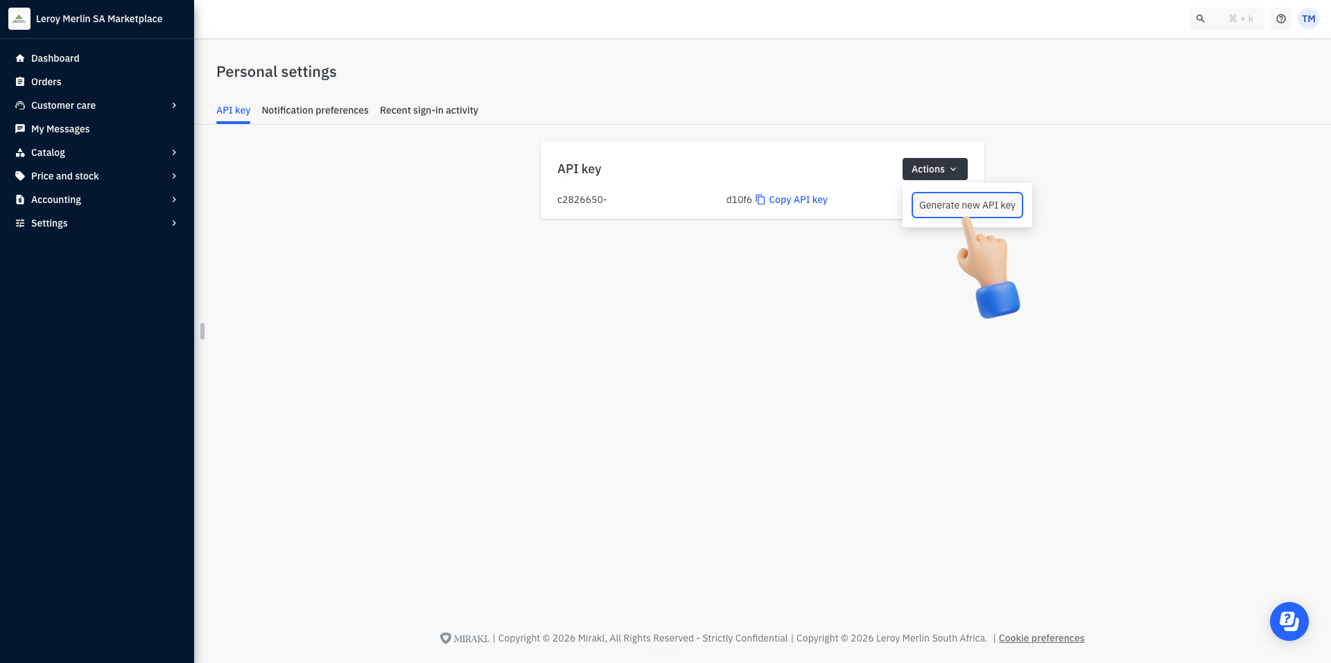 Leroy Merlin API key panel — Actions menu with Generate new API key