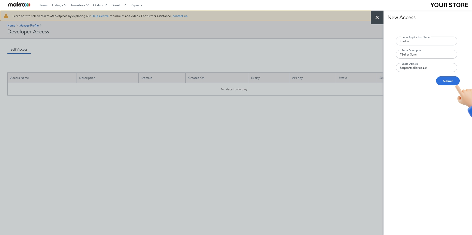 New Access form - Enter TSeller credentials