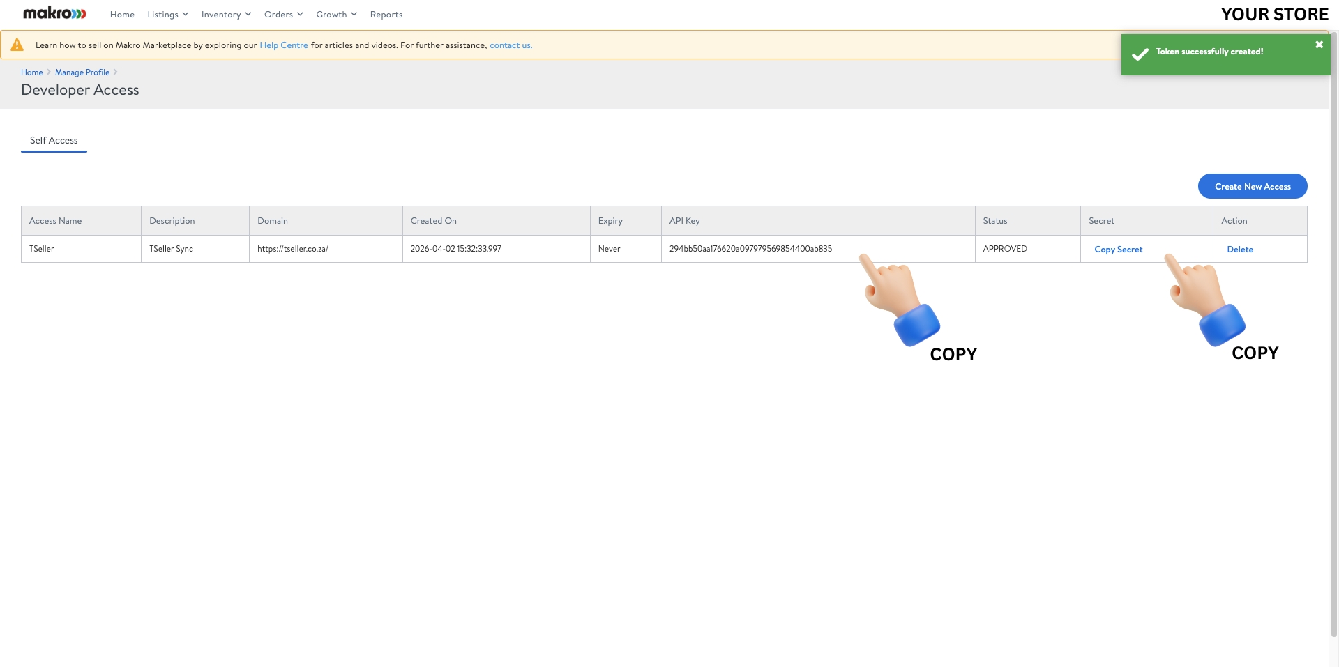 Copy API Key and Secret Key from Developer Access table