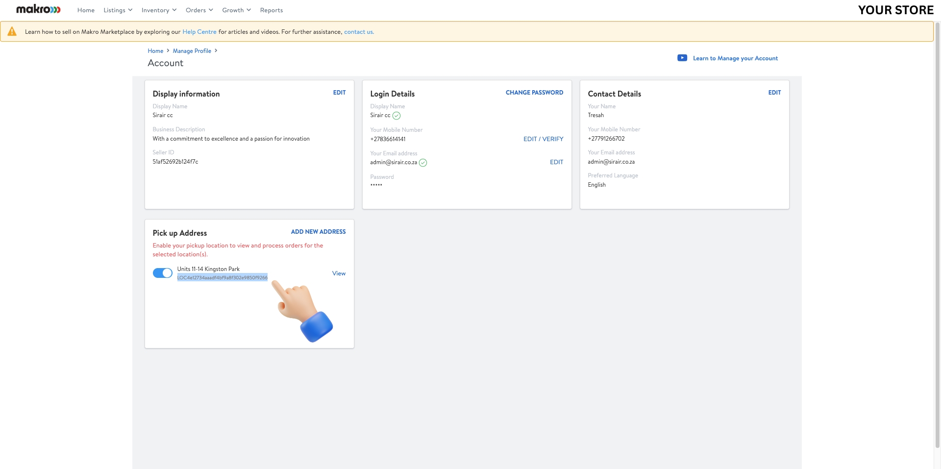 Account page - Copy pickup address LOC code