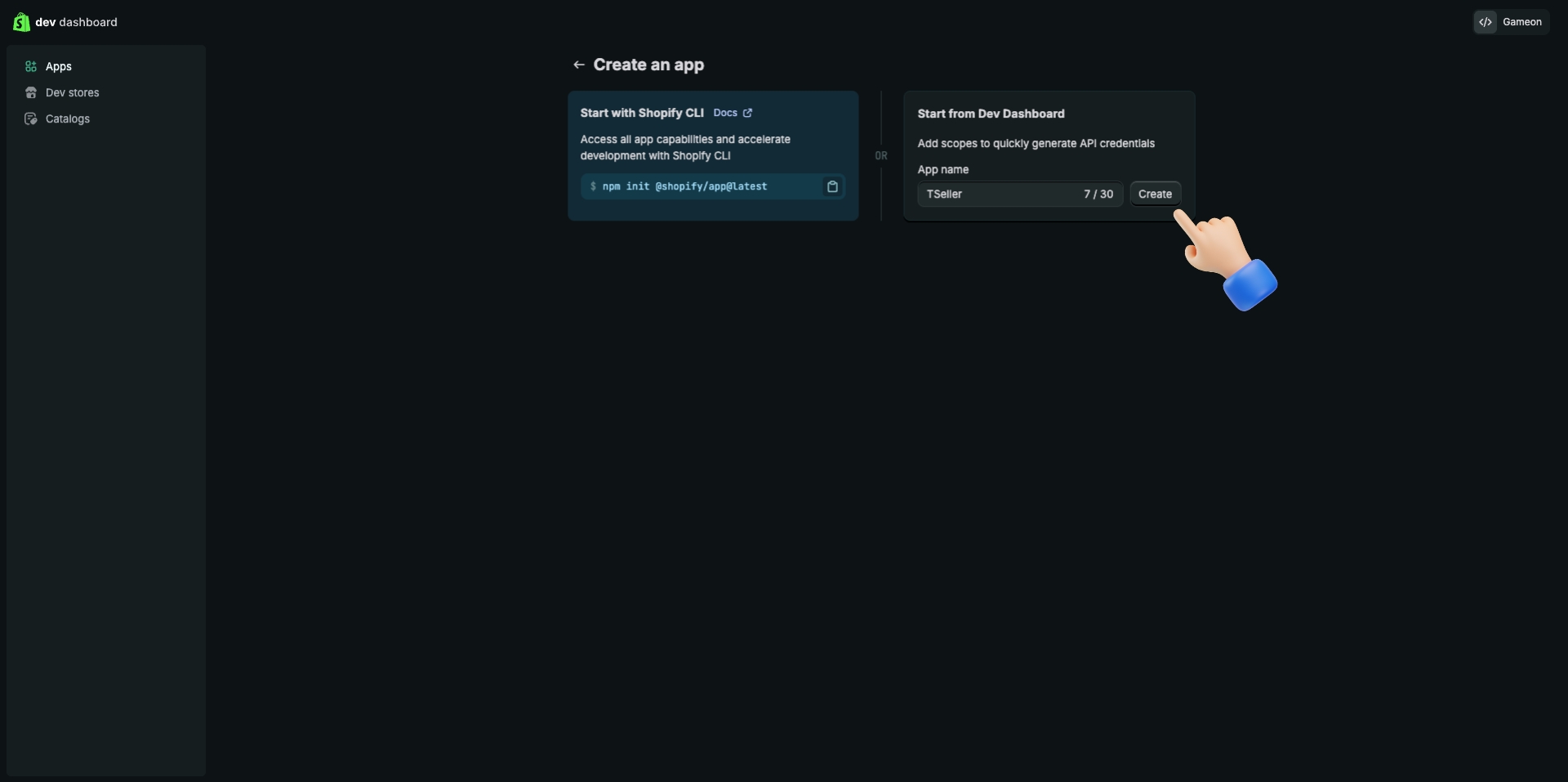 Create app - Enter name TSeller