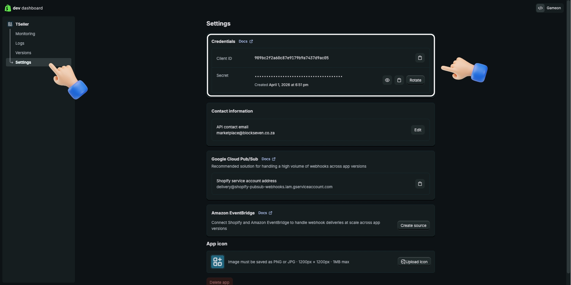 Copy Client ID and Client Secret from Settings
