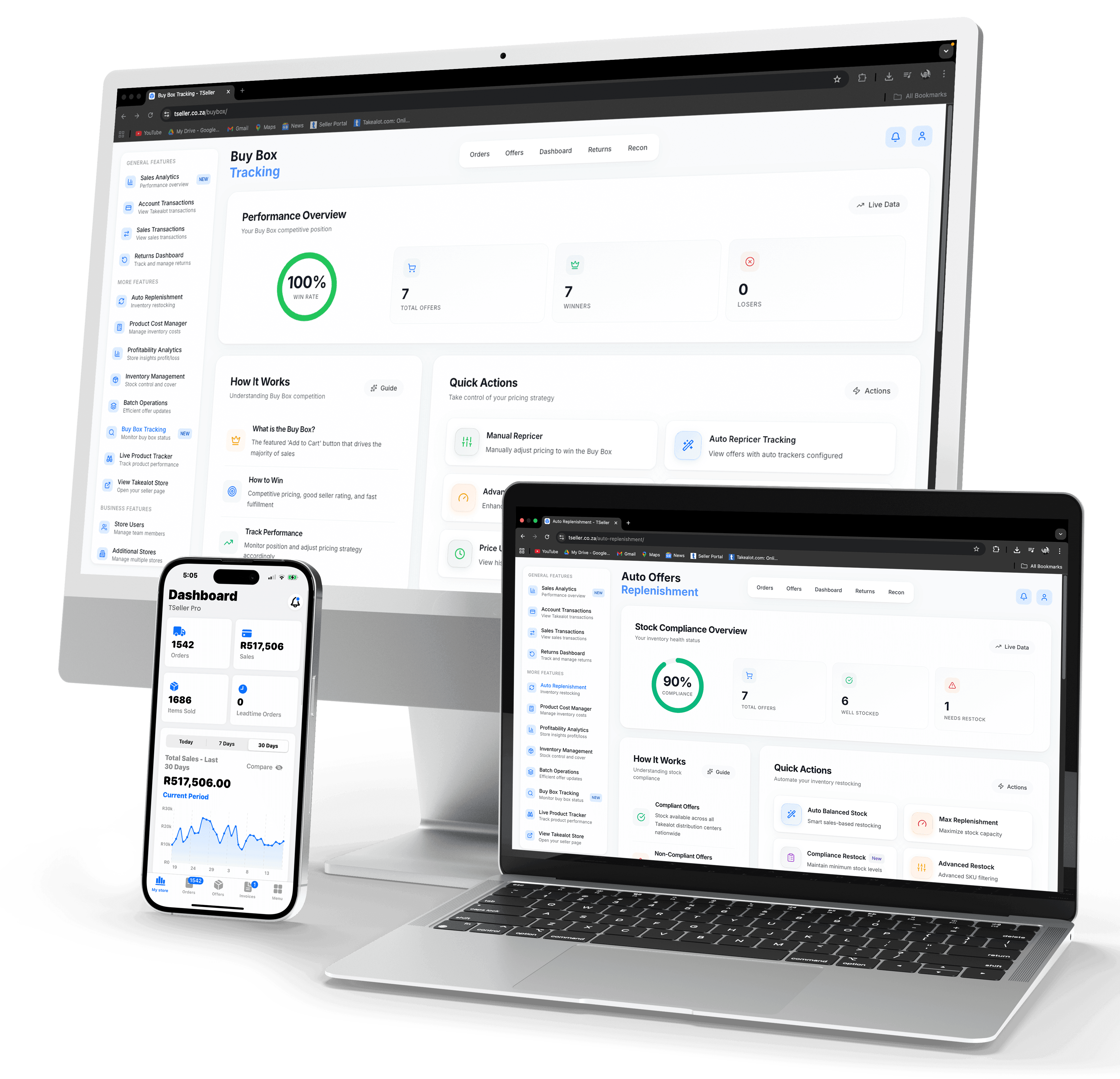 TSeller cross-platform compatibility - web dashboard, iOS app, Android app, and Chrome extension for Takealot sellers