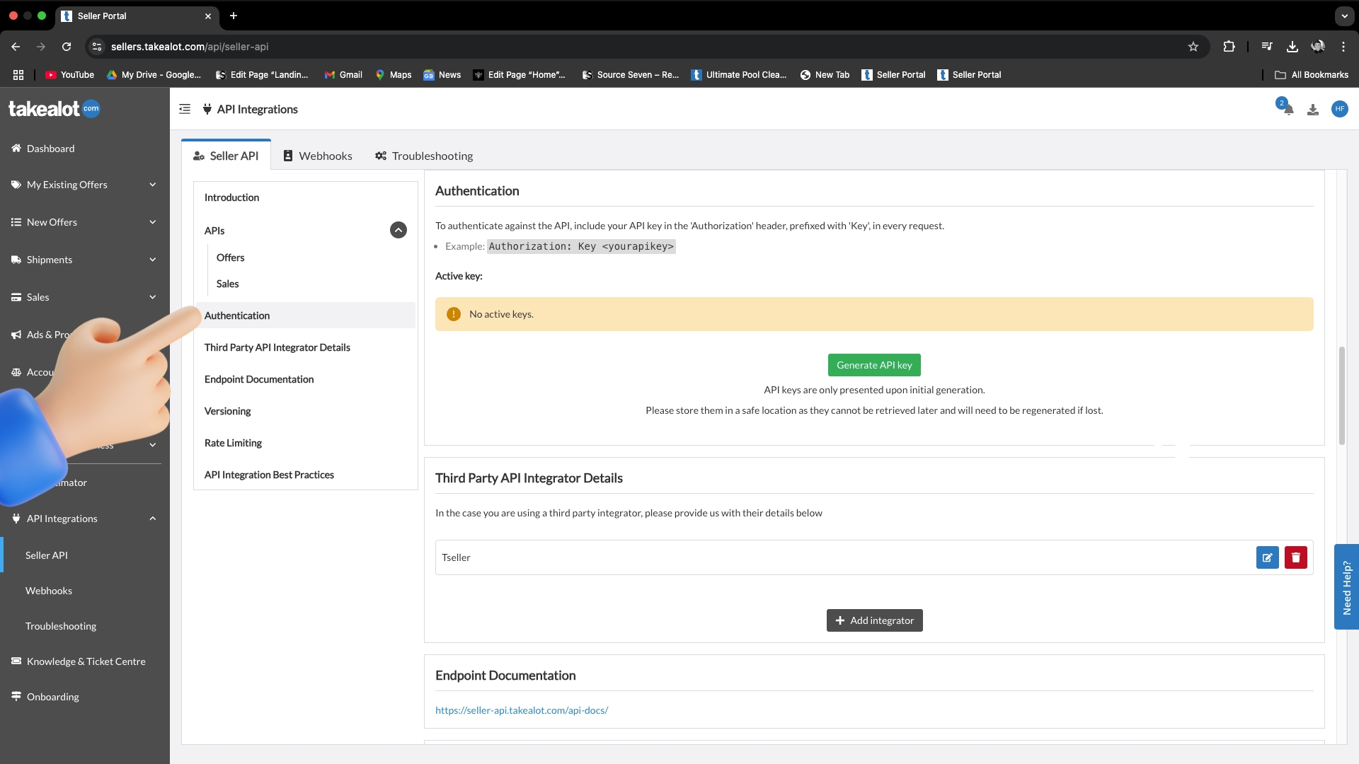 Takealot API key Authentication tab