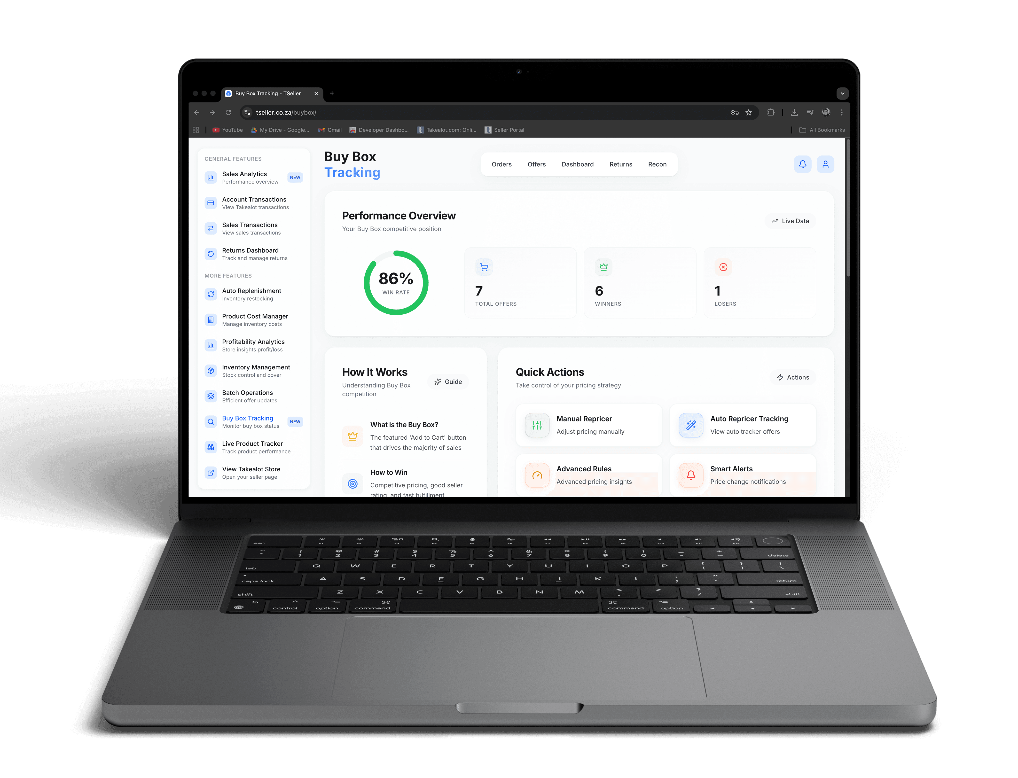 Takealot buy box tracking dashboard with automated repricing and competitor price monitoring every 6 minutes