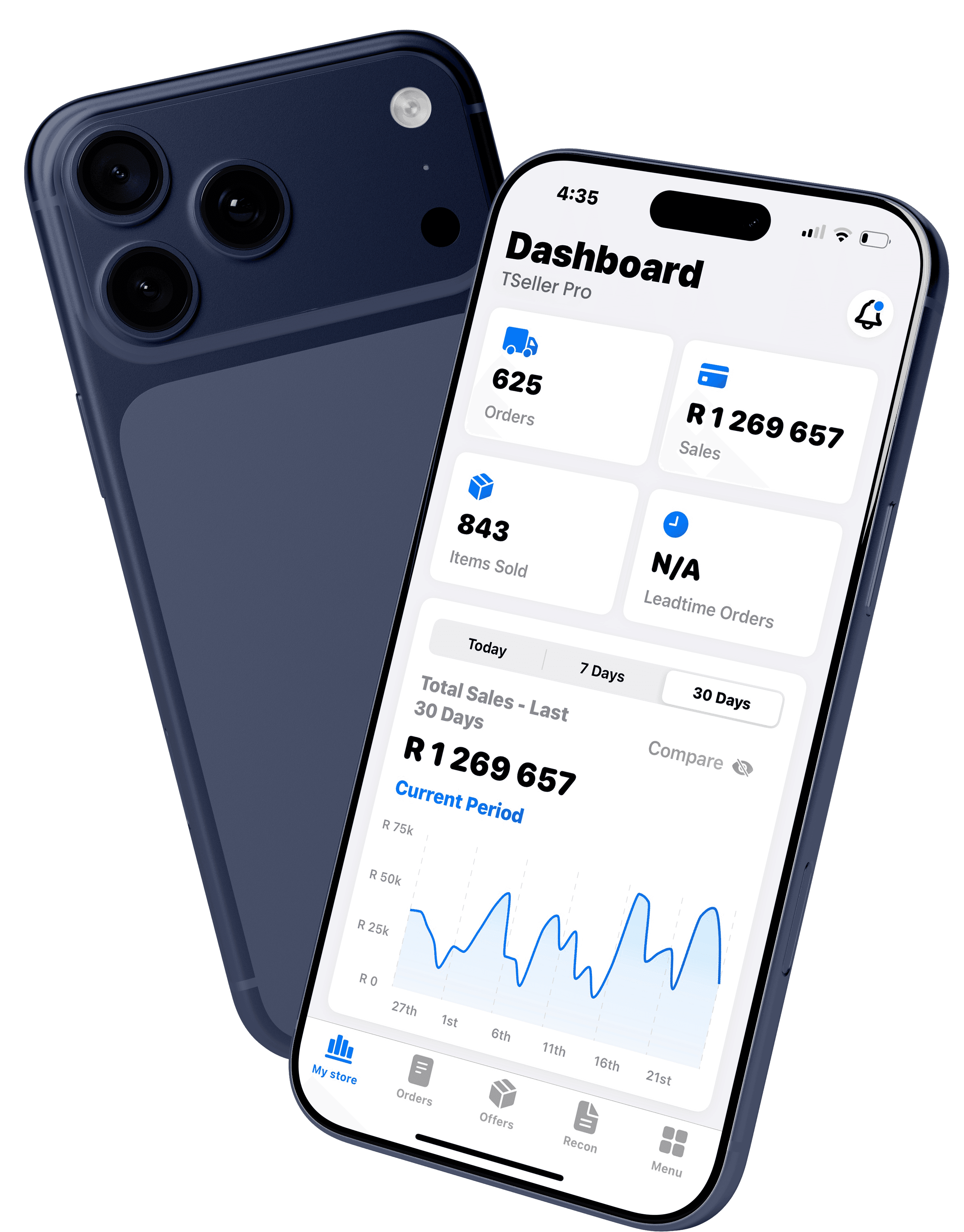 TSeller mobile dashboard for Takealot sellers showing orders, analytics and inventory management on iPhone
