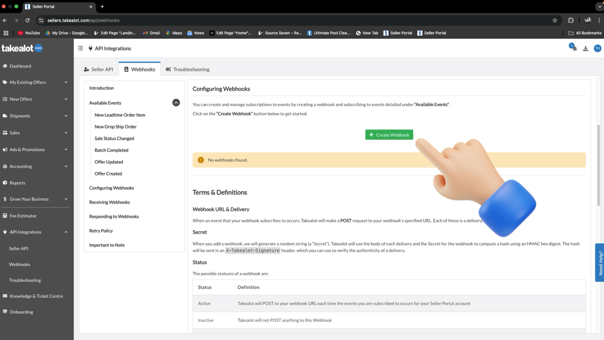 Takealot Configuring Webhooks — click Create Webhook