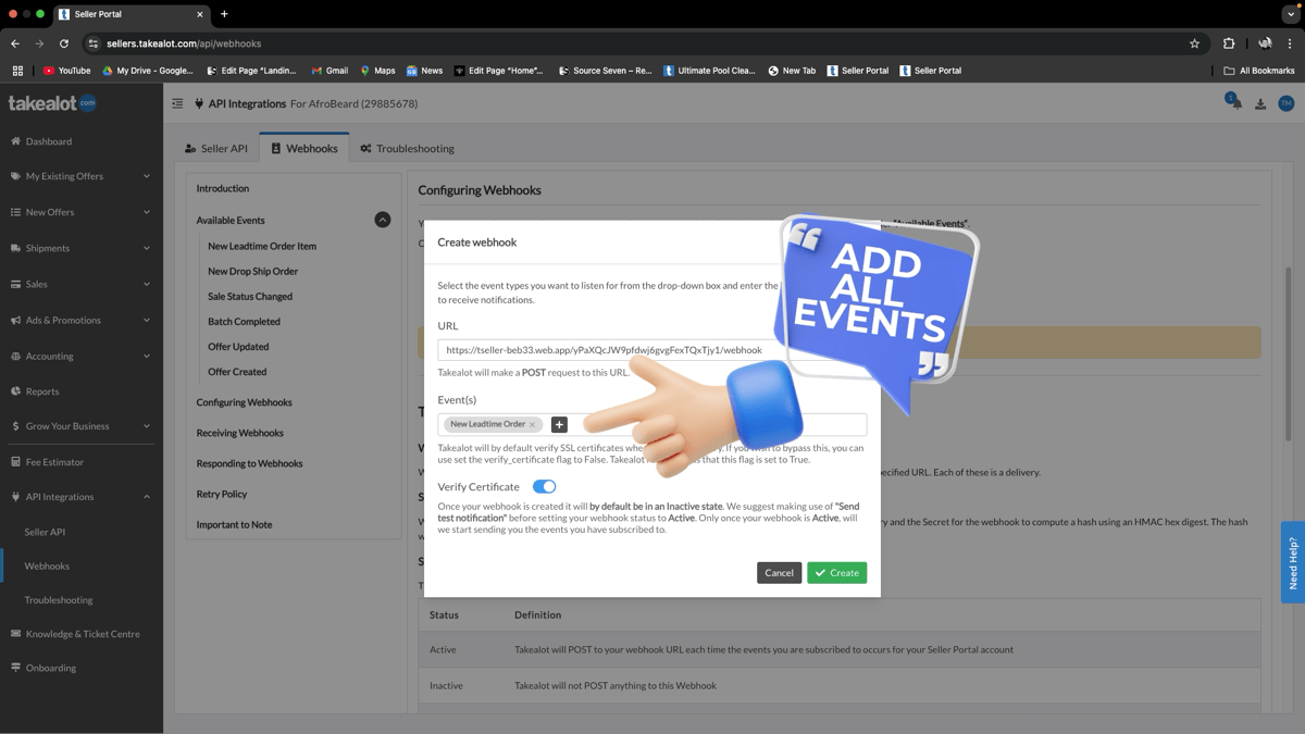 Takealot Create webhook dialog — add all events