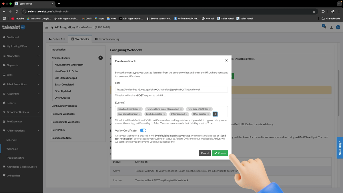 Takealot Create webhook dialog — all events added, click Create
