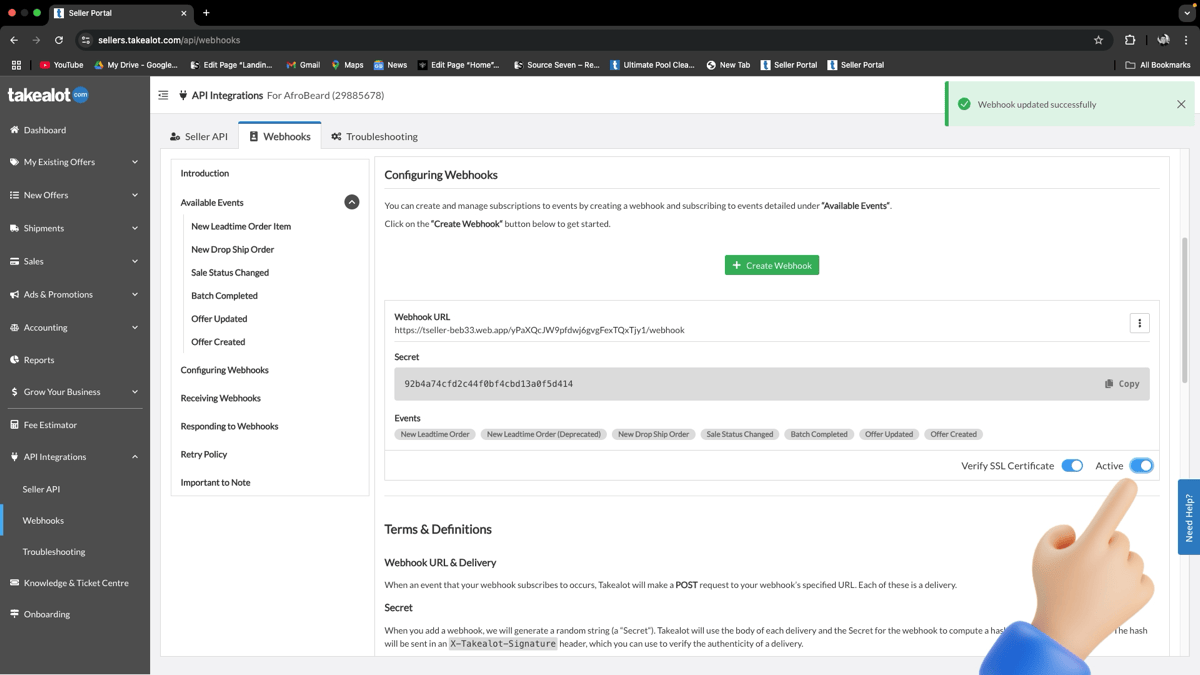Takealot webhook created — switch Active on